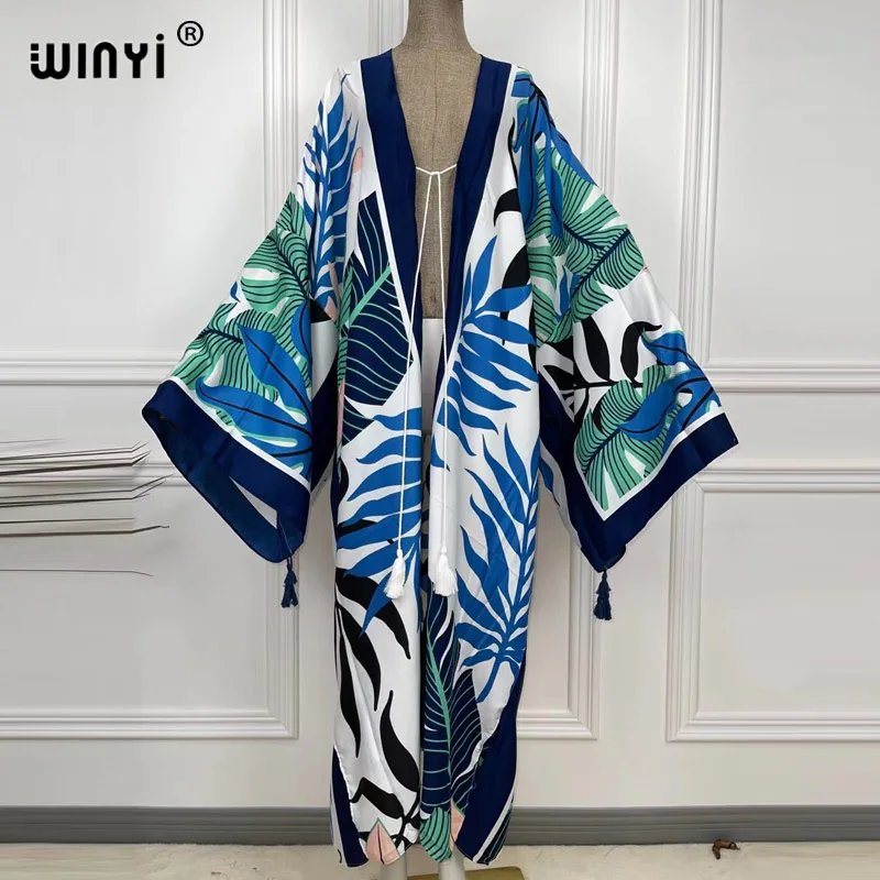 2021 WINYI new Cotton Bikini Sweet Lady Pink Boho Print Self Belted Front Open Long Kimono Dress Beach Tunic Women Wrap Dresses bikini cover up