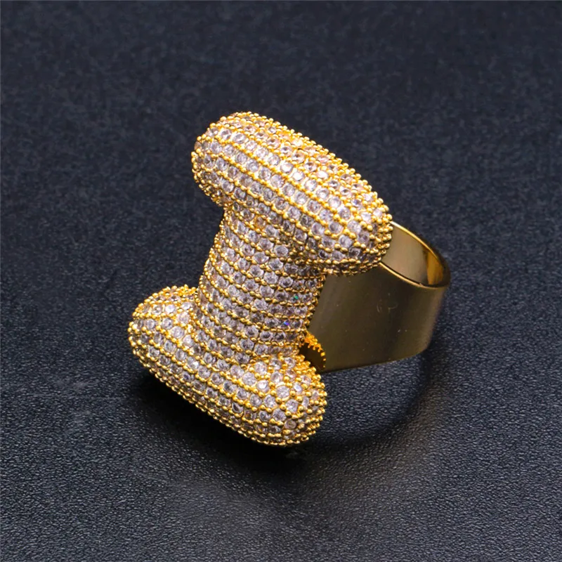 gold color I OMYFUN Hip-Hop Bling Ring A-Z Bubble Full CZ Iced Letter Rings Gold Silver Color Anillo Anel Male Accessory Bijoux Free Shipping - Цвет основного камня: gold color I