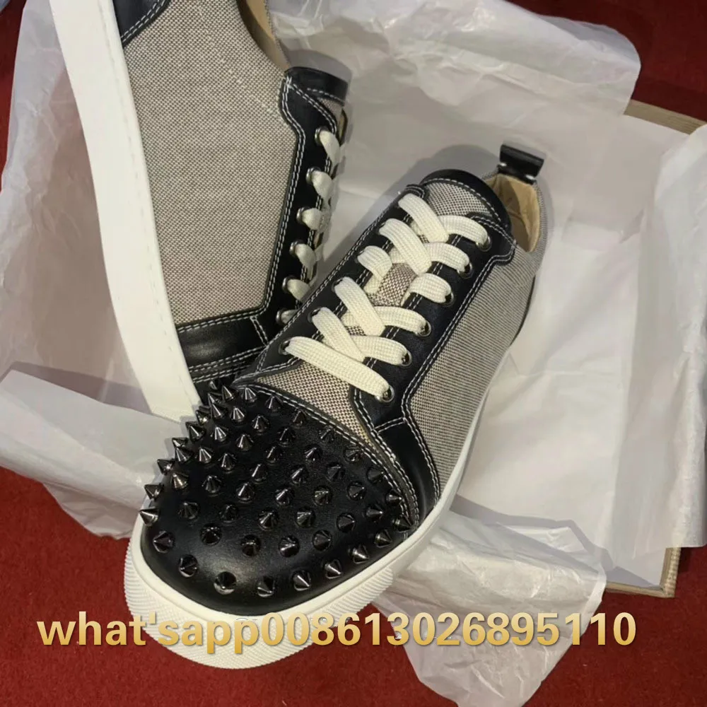 

Red bottom Low Cut White Cloth Leather Lace up black Rivet Front Red bottom Shoes For Men flat Sneakers Loafers Footwear Spring38-46
