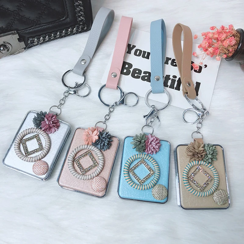 Creative compact and convenient rectangular mirror keychain portable makeup mirror handmade bag accessories pendant - Цвет: pink