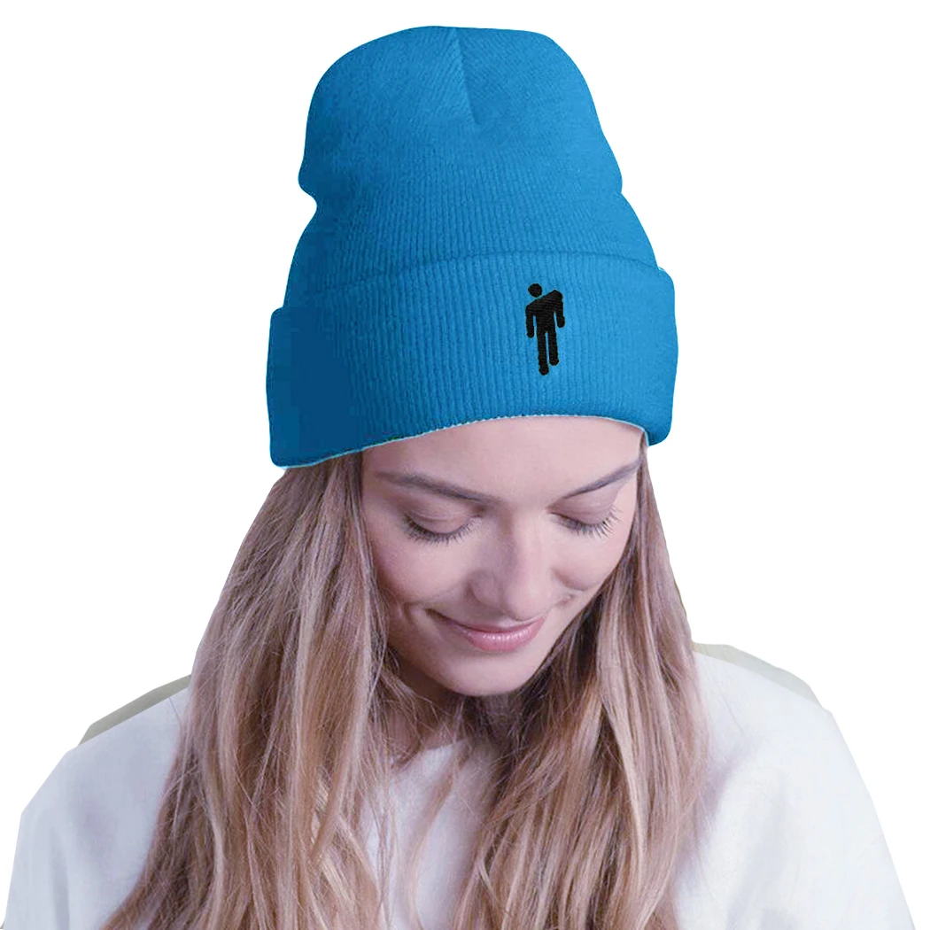 Billie Eilish, шапка в стиле хип-хоп, женские неоновые зеленые кепки, Модная вязаная шапочка с вышивкой, шапки Skullies, уличная шапка, капот, 18 цветов - Цвет: Light Blue