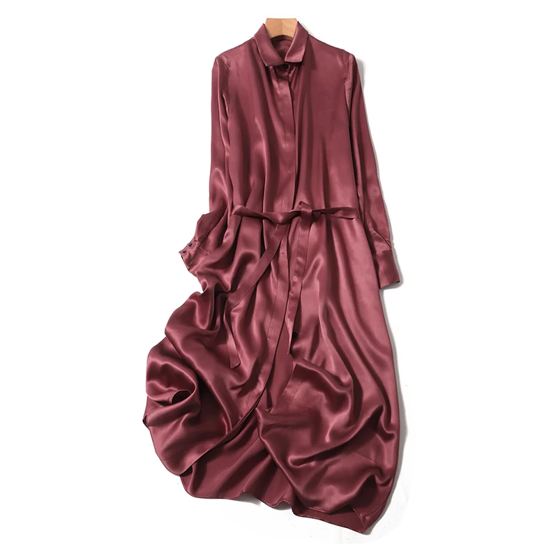 Женское Летнее шелковое платье, винтажное розовое натуральное шелковое платье, элегантное платье, повседневное праздничное платье из натурального шелка, красное вино, длинное платье-рубашка - Цвет: as photo