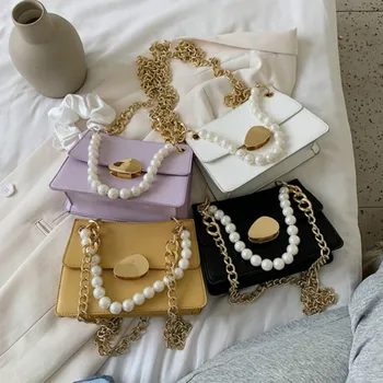 

Solid Color Square Pearl Tote Bag High-quality PU Leather Women's Designer Handbag Chain Shoulder Messenger Bag 2020 Ins Hot Bag