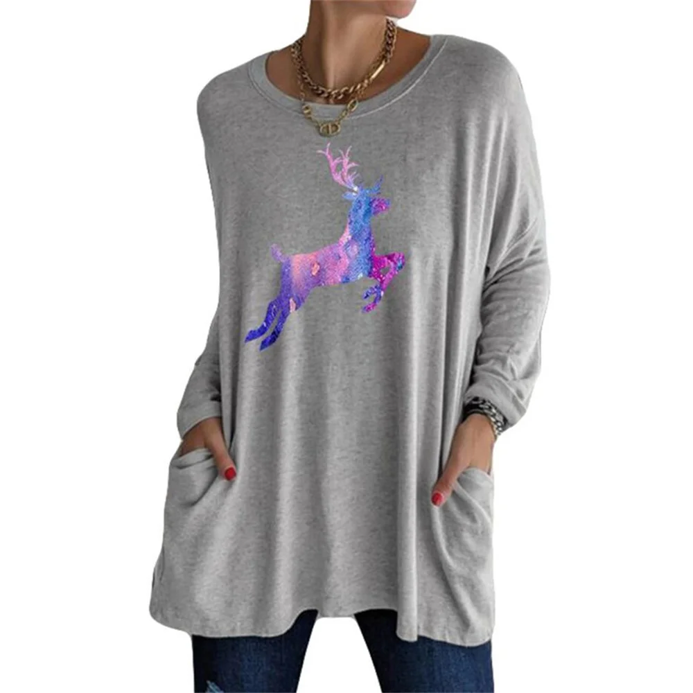Autumn New Women Elk Print Pocket Long Sleeve Loose Casual Splice Pullovers Ladies Fashion Blended O-Neck Hoodies Sweatshirt