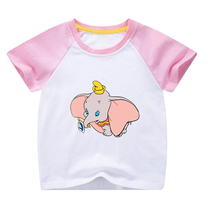 Одежда летняя футболка для девочек с принтом «Dumbo», смешная комбинированная цветная футболка с круглым вырезом для детей, Детская футболка с героями мультфильмов
