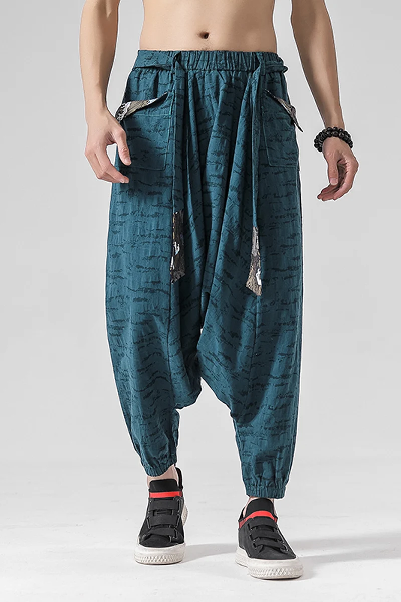Men Hip Hop Baggy Cotton Harem Pants Linen Wide Leg Trousers Chinese Style Vintage Cross Pants Crotch Robe men pants