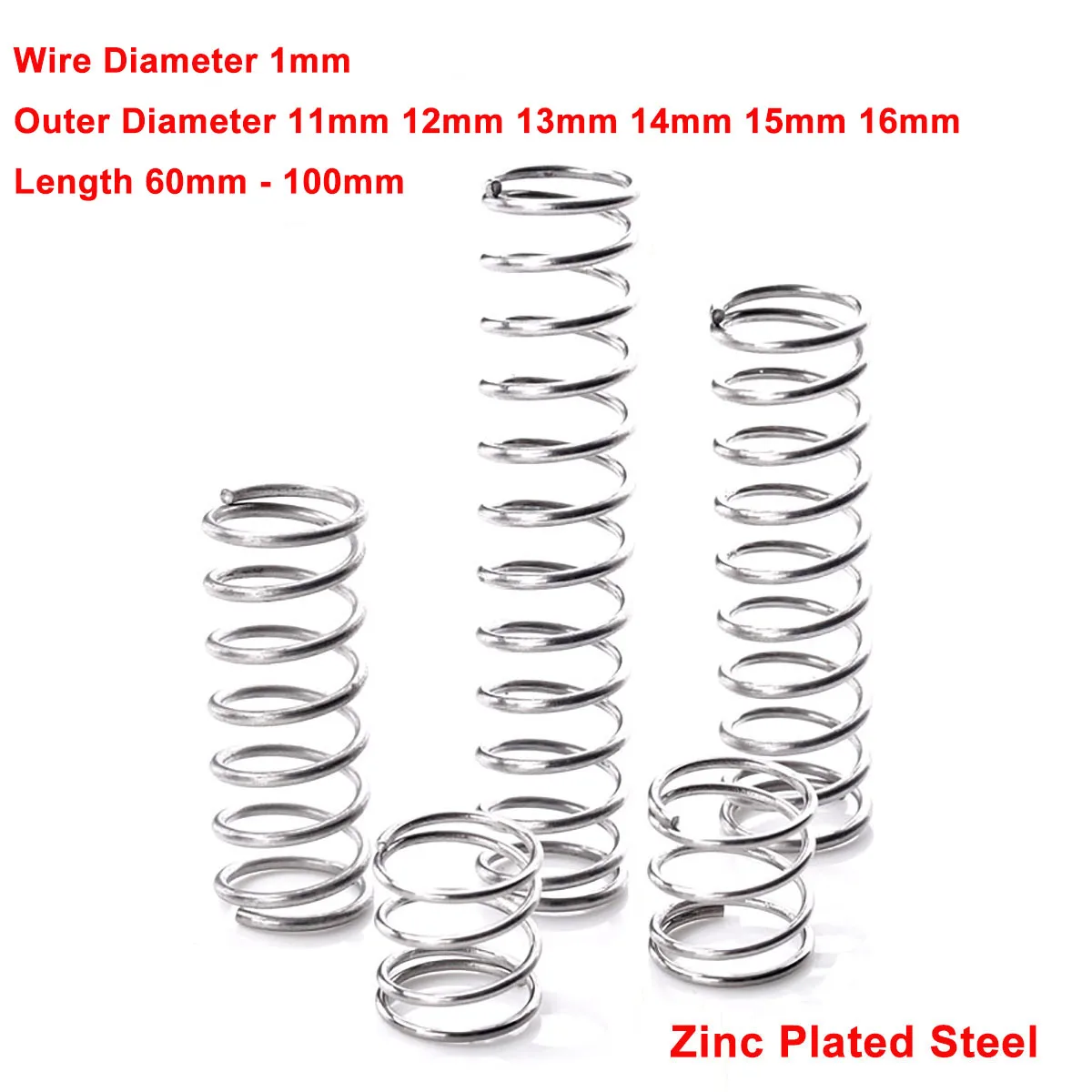 

5Pcs Wire Dia 1mm Zinc Plated Steel Compression Spring Length 60-100mm Y-Type Rotor Return Spring Pressure Spring OD 11mm-16mm