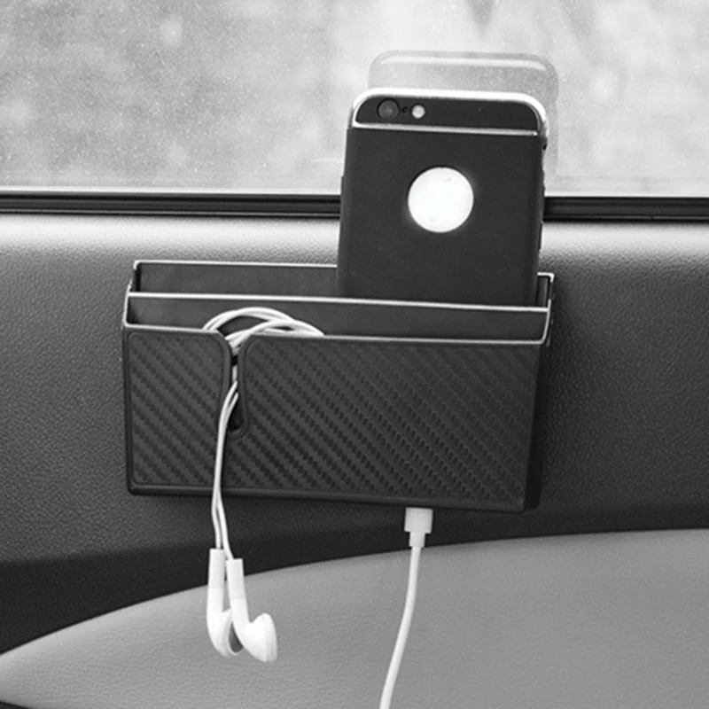 1Pc Carbon Fiber Car PVC Storage Box Organizer Car Inner Mobile Phone Cradle Holder Car Accessories