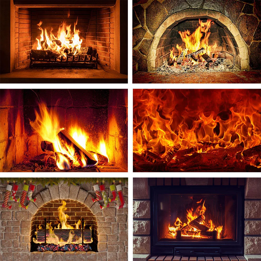

Mehofond Winter Fire Fireplace Backdrop Wood Brick Christmas Flame Decor Baby Portrait Photography Background for Photo Studio
