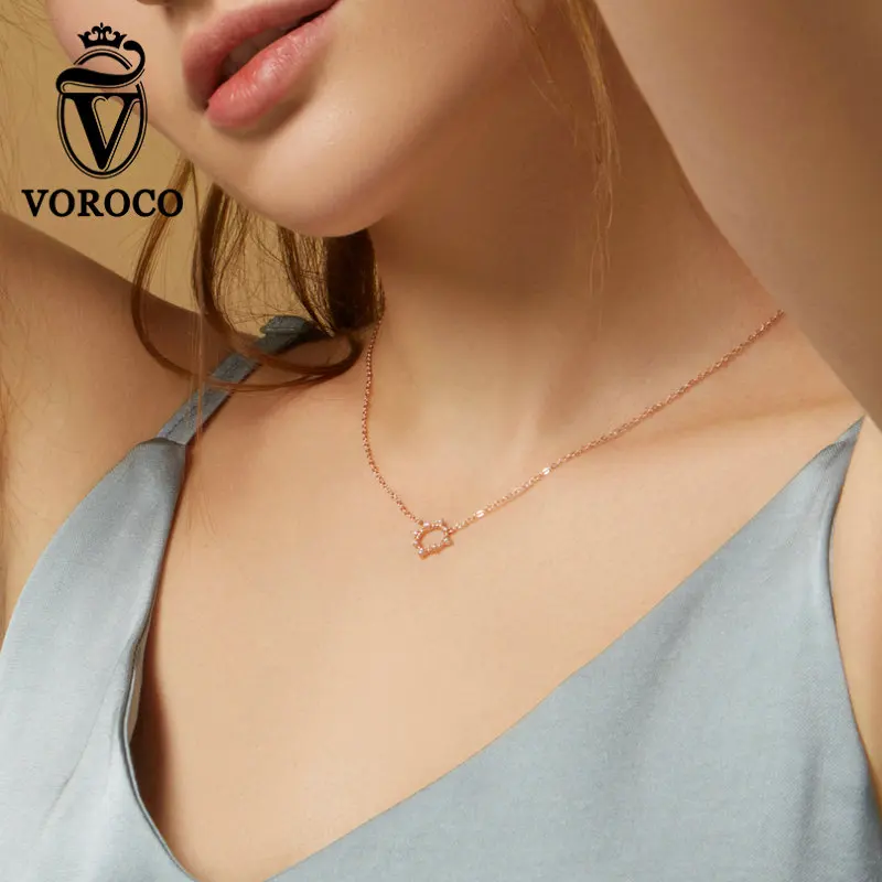 VOROCO BNN153, настоящее 925 пробы, Серебряная роза, Золотая подвеска, ожерелье, сияющая Геометрическая круглая цепочка колье, хорошее ювелирное изделие для свадьбы