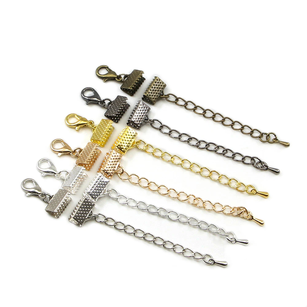 10pcs/lot Ribbon Leather Cord End Fastener Clasps With Chains Lobster Clasps Connectors For Bracelet Diy Jewelry Making Findings earring components for jewelry making