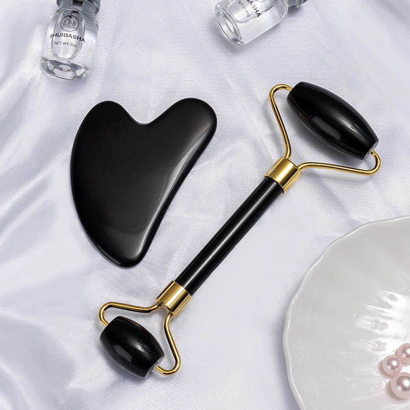 

Natural Obsidian Jade Roller Stone Massager for Face Lift Massage Roller Gua Sha Set Facial Beauty Skin Care Tool Face Massagers