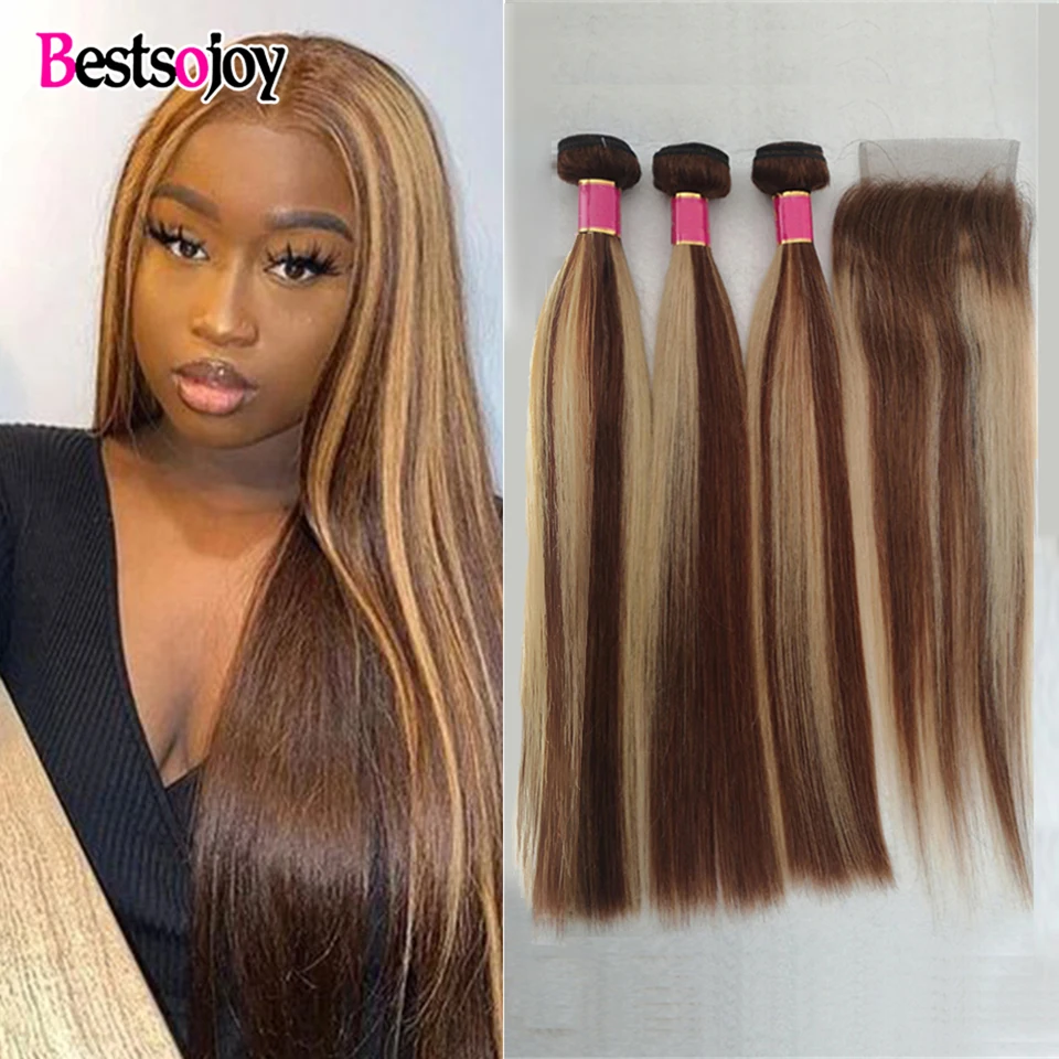 28 -30 resaltar extensiones de cabello humano con cierre P4/27 Ombre paquetes de pelo recto 3/4 paquetes con cierre de cabello brasileño Remy