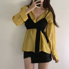 Модная женская блузка, Twotwinstyle, желтая, с длинным рукавом, прозрачная, сексуальная, с повязкой, без бретелек, Корейская, для девушек