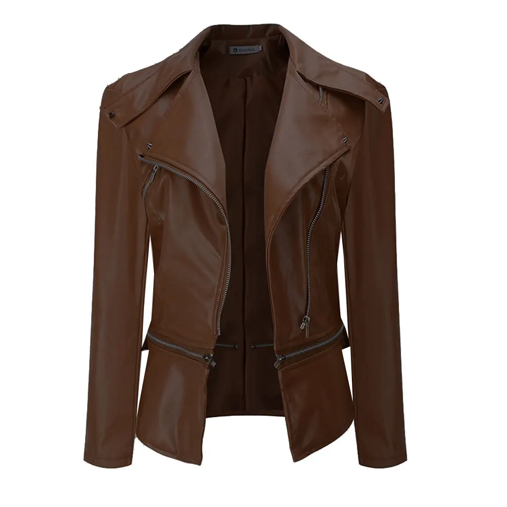 

2019 Motorcycle Outerwear Jackets Casual Tops Outfit Ladies Women's PU Leather Jacket Zip Up Biker Turn-down Collar Coat New