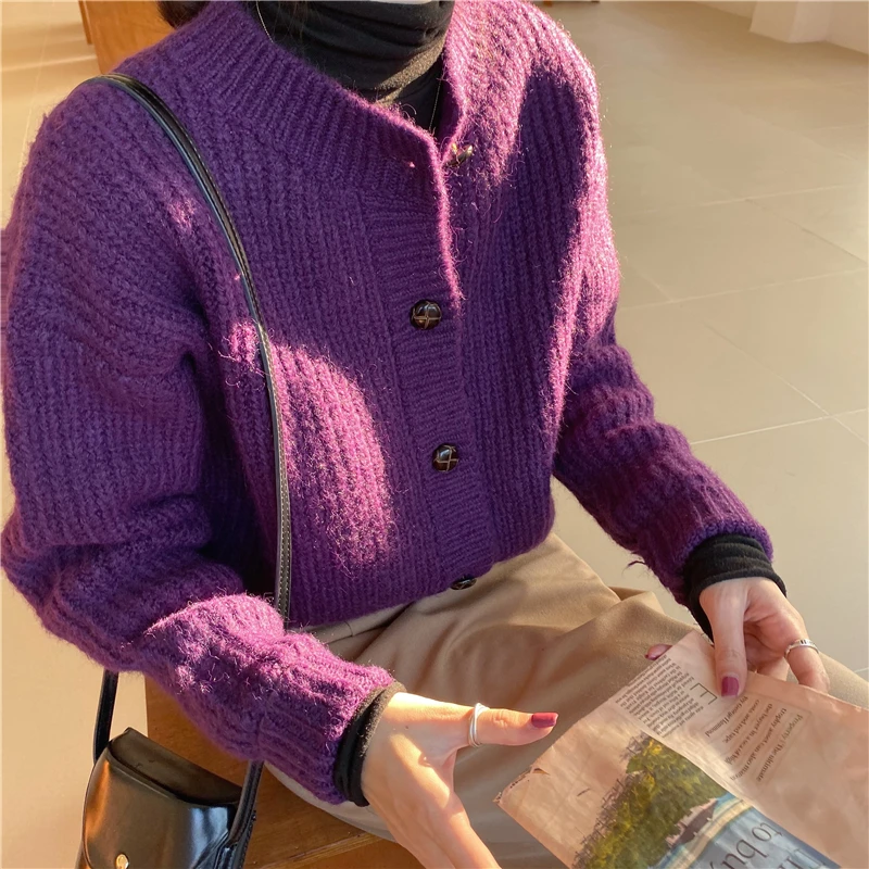 Purple Женский вязаный кардиган, Корея, винтажный, элегантный, дизайн, сладкий шик, женский свитер с длинным рукавом, короткие, свободные пальто, топы, одежда D473 - Цвет: Purple