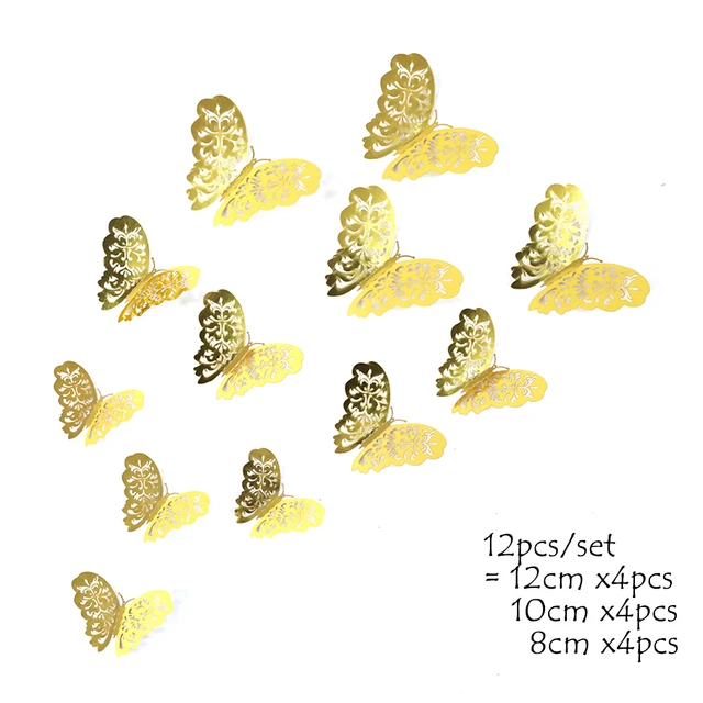 12Pcs 4D Hollow Butterfly Wall Sticker DIY Home Decoration Wall Stickers wedding Party Wedding Decors Butterfly Kids Room Decors gold 5