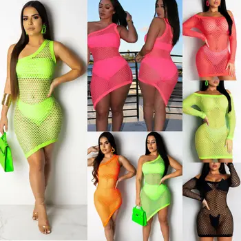 

New 2020 Summer Women Crochet Fishnet Mesh Swimwear Ladies Beach Dress Sheer Bikini Cover Up