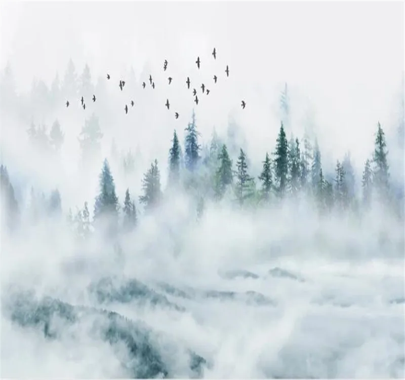 Пользовательские обои облака туман сосновый лес птица современный минималистский ТВ фон стены-высококачественный водонепроницаемый материал