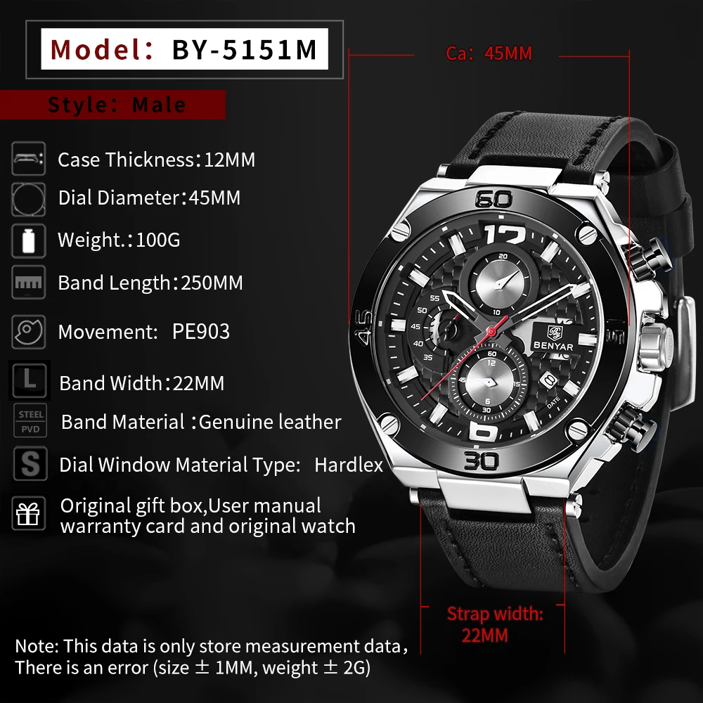 Top Luxury Brand BENYAR 2020 Men Watch Quartz Multifunction Sport Chronograph 30M Waterproof Wrist Watch Clock Relogio Masculino