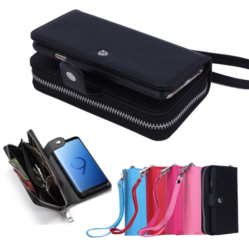 Multifunction For Samsung GALAXY Phones Case Back Cover PU Leather Zipper Wristlet Cash Clutch Wallet Cases Card pocket 2 in 1