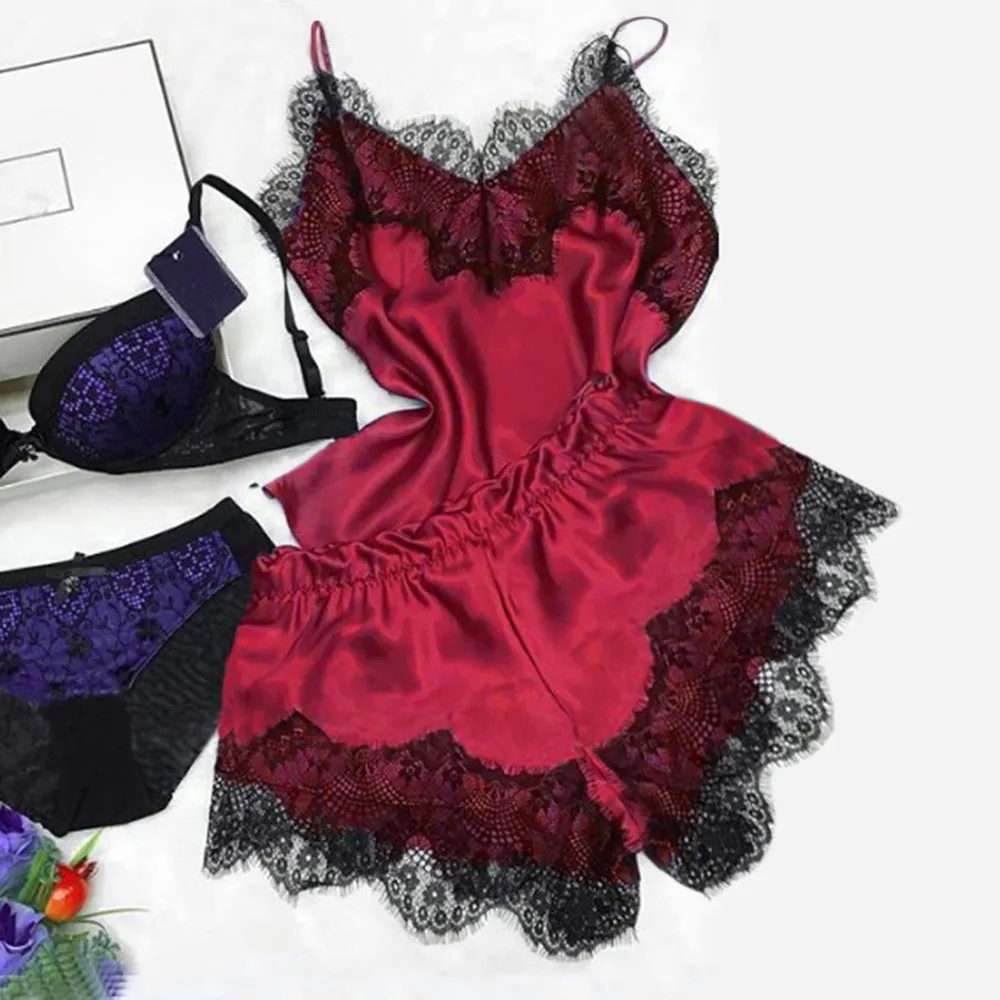 

women's pajamas Sexy Satin Pajama Set shorts Sleepwear Summer Pyjama pijamas Fashion Black Lace Trim Cami Top 7/24