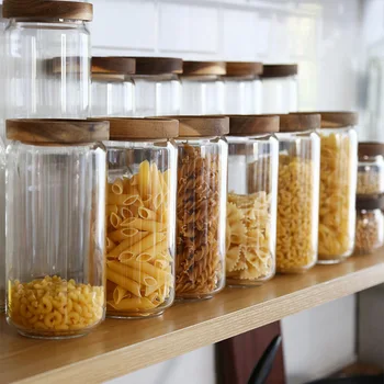 

Glass Airtight Canister Clear Jars Cereal Container Food Sorting Storage Bottles Coffee Beans Tea Storage Jar Can with Wood Lids