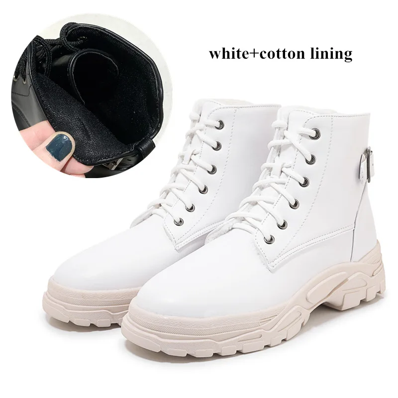 white with cotton Женские кроссовки на платформе; Новинка года; зимние ботинки; женская обувь; цвет черный, белый; кроссовки на шнуровке; Повседневная обувь; Плюшевые Теплые осенние модные ботинки с пряжкой для папы; меховые ботильоны для женщин - Цвет: white with cotton