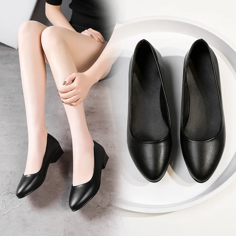 

19 Spring New Style Women's Singles Leather Shoes Low Heel Square Heel Workplace OL Work Shoes Airline Stewardess Shoes Zf202 Pl