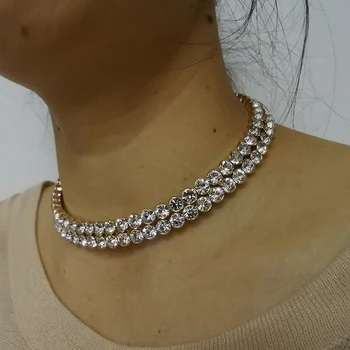 

2-Row Big Crystal Chokers Necklaces for Women Gold-color Collier Femme Luxury Austrian Crystal Statement Necklace