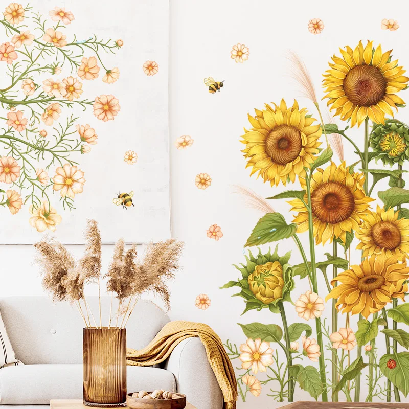 BRUP Beautiful Sunflowers Botanical Wall Stickers for Living Room Bedroom Wall Decoration Decals Hand Drawing PVC wallstickers