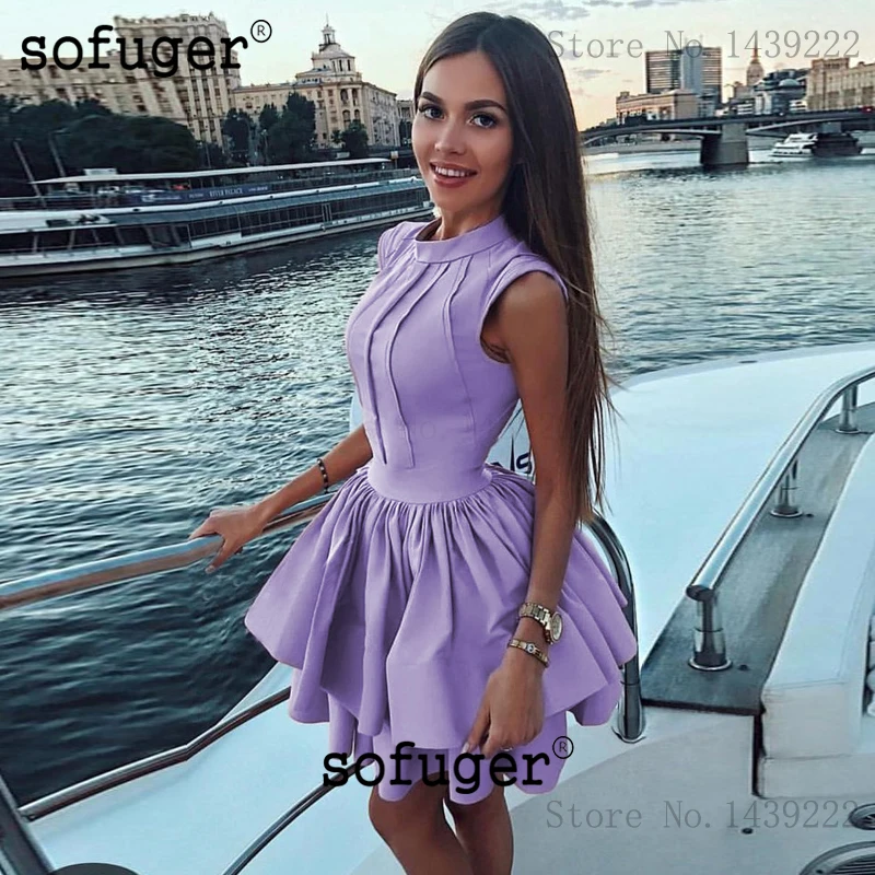 Lilac Элегантные коктейльные платья трапециевидной формы с высоким воротником Короткие мини атласные вечерние размера плюс платья для выпускного вечера - Цвет: Lilac
