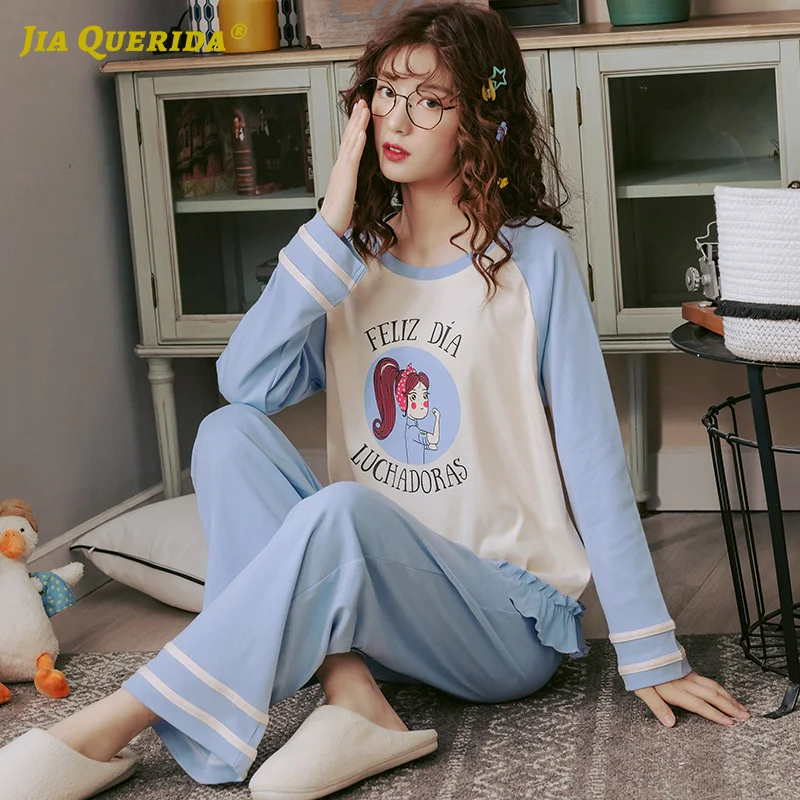 Spring Blue Top Blue Pants Cartoon Printing Pajamas Set Homesuit Homeclothes Fashion Style Long Sleeve Long Pants Sleepwear