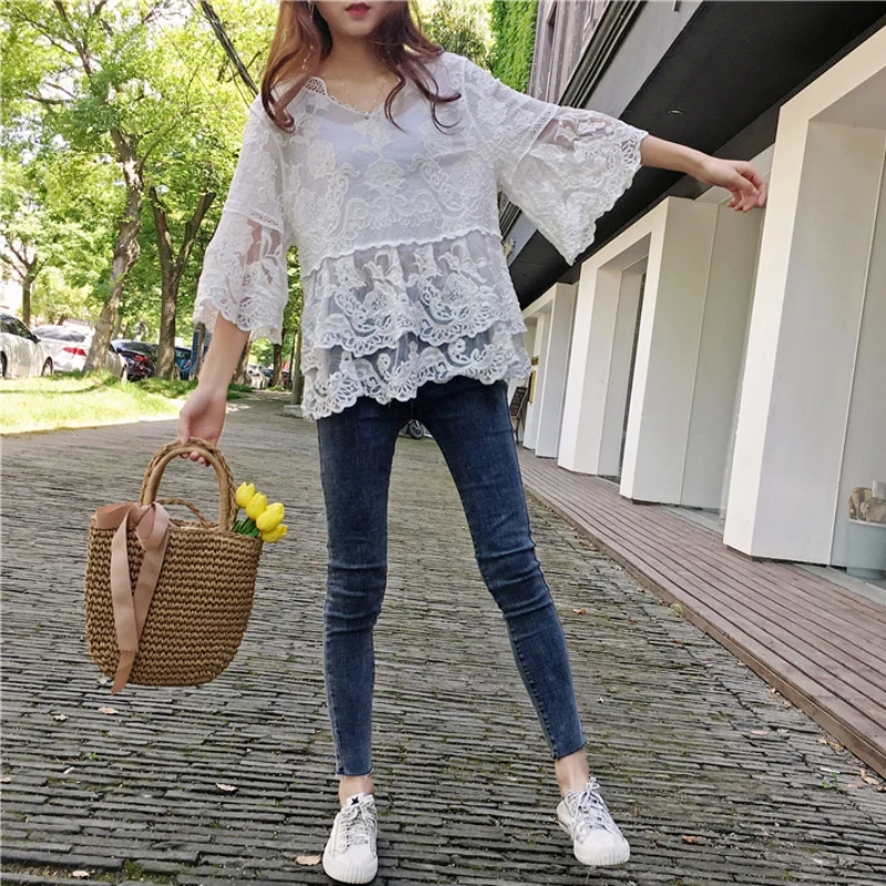 

Round Neck Women Fashion Sexy Summer Trumpet Sleeve Hollow Beach Blouse Sun Protection Dress Swimsuit Cover Clothing