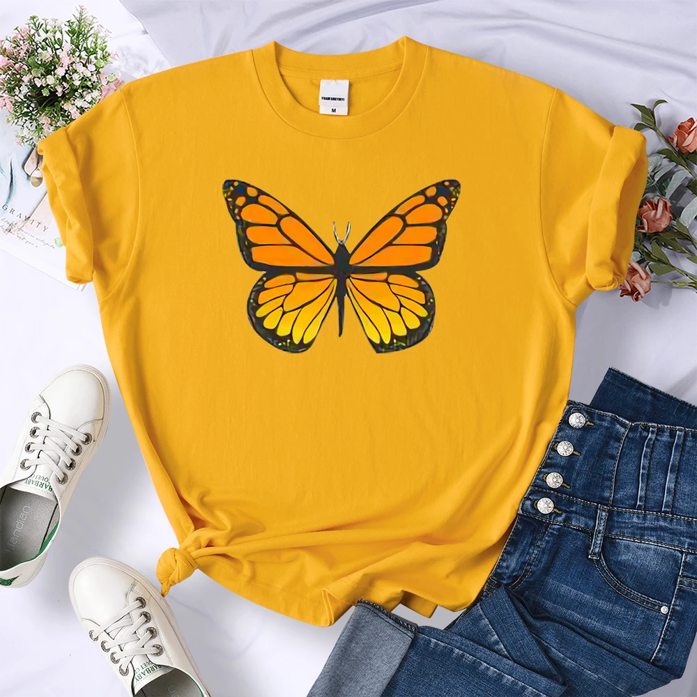 Camiseta naranja con flores y mariposas para mujer, ropa informal a la moda, Tops de cuello redondo de marca de verano, camisetas de gran Harajuku|Camisetas| - AliExpress