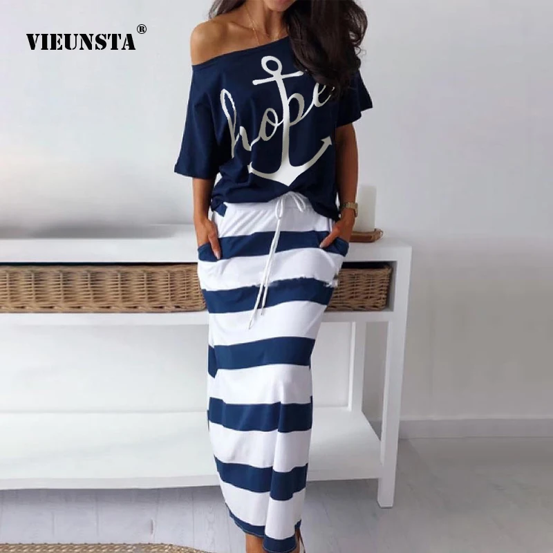 

VIEUNSTA Women Autumn Striped Print Two Piece Set Sexy Off Shoulder Blouse Shirt Batwing Sleeve Tops and Lace up Skirts Sets