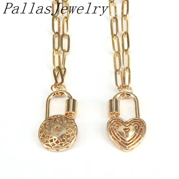 

5Pcs, Round Heart Lock Spiral Buckle Necklace Boho Trendy Padlock Key Pendant Necklaces