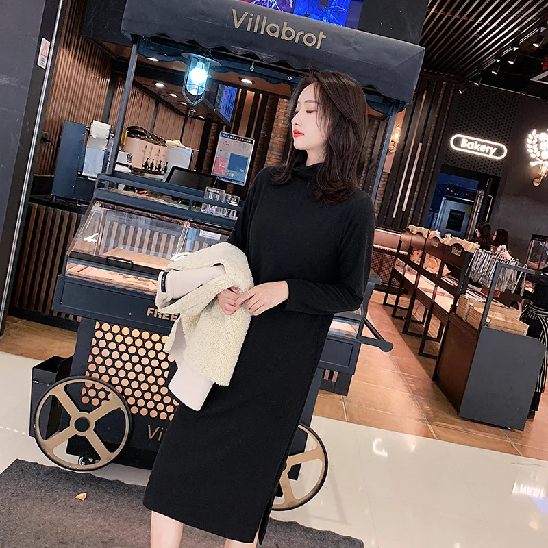 

2018 Autumn And Winter Black And White with Pattern Knitted Half-Turtle-Neck Base Dress