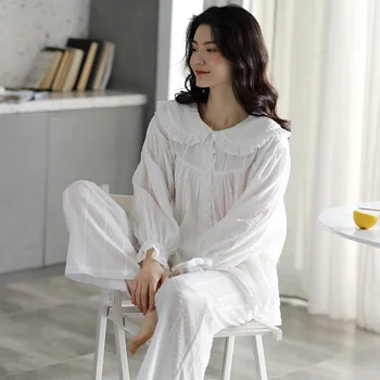 

HaloSweet New Pajamas Women Spring And Autumn Pure Cotton Long Sleeve Sweet Princess Style Home Wear Suit Two Pieces Sleepwear
