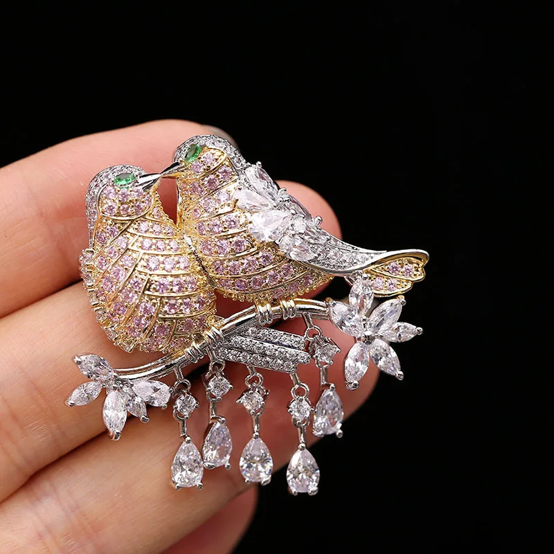 1PCS Gold Plated Double Love Bird CZ Brooch