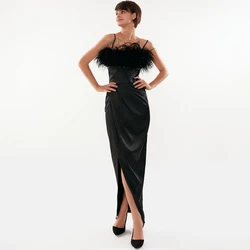 Fivsole Gorgeous Feathers mermaid Prom Dresses Side Split Spaghetti Strap Party Evening Gowns Long Special Occasion Dress