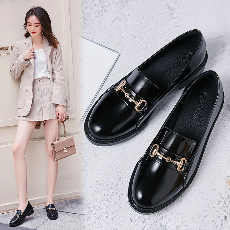 

2019 Spring And Summer New Style Versatile Horsebit Buckle Moccosins Shoes Women Flat Slip-on Small Leather Shoes Square Head Lo