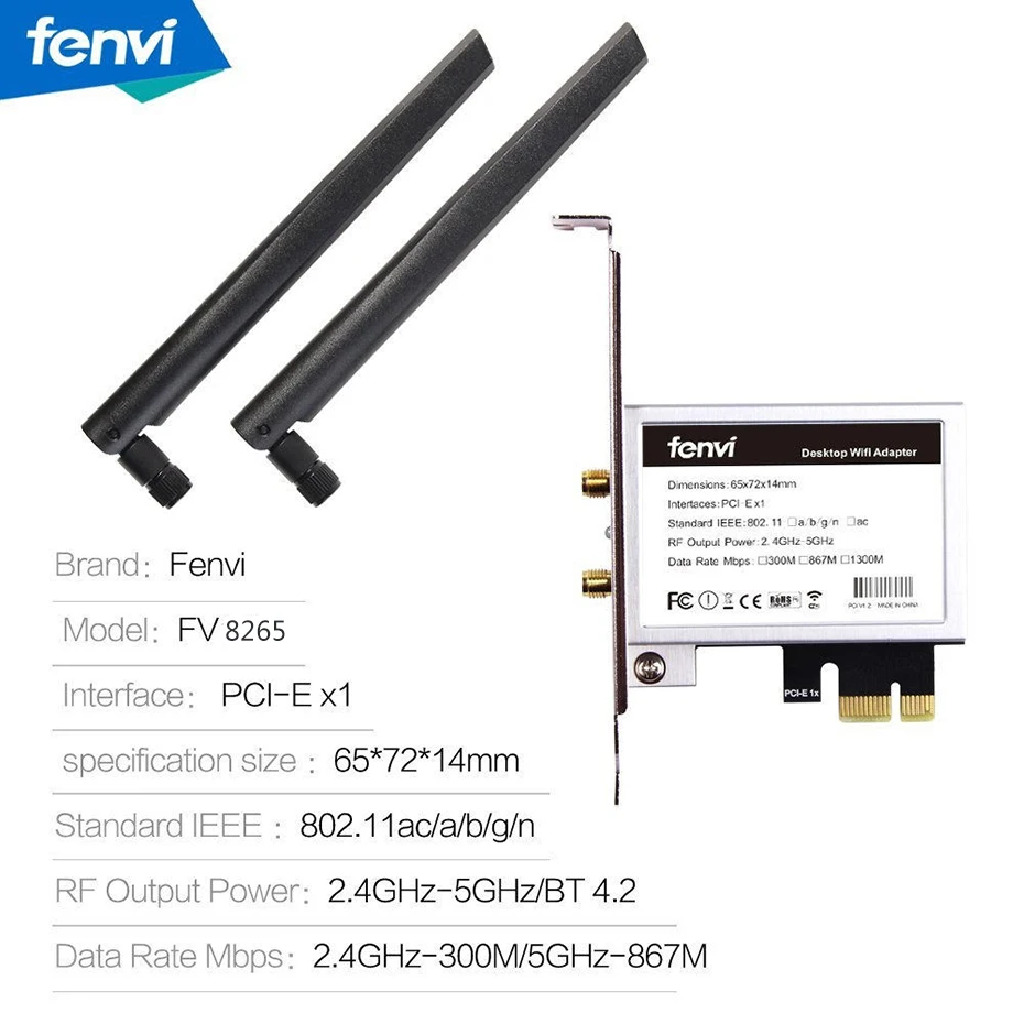 Беспроводной настольный адаптер Fenvi PCI E WiFi переменного тока 867 Мбит/с 802 11 карта