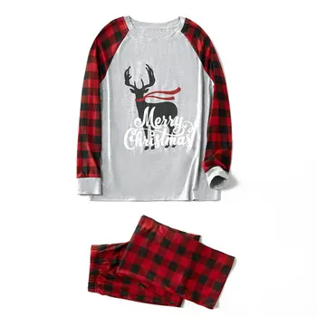 価格 マッチングファミリークリスマスパジャマセットかわいい手紙トナカイプリントラグランスリーブtシャツトップ + チェック柄パンツセットパジャマ
