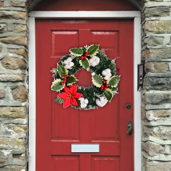 

12 inch Country Christmas Wreath with Cotton, Red Berry- Farmhouse Rustic Home Decorate for Front Window Wall Door
