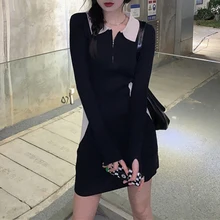 

Women's Mini Knitting Dresses Slim Thin Long Sleeve POLO Neck Vestidos De Mujer Casual Patchwork Solid Basic Roupas Femininas