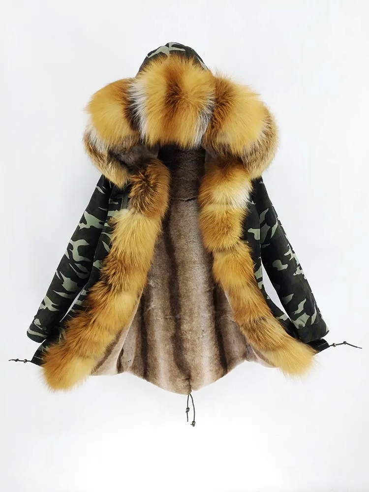 add placket 13 Зимняя парка для женщин с натуральным лисьим мехом, парка с большим воротником, красная лисица, Высококачественная шуба из натуральной черно-бурой лисицы, Толстая теплая меховая парка - Цвет: add placket 13