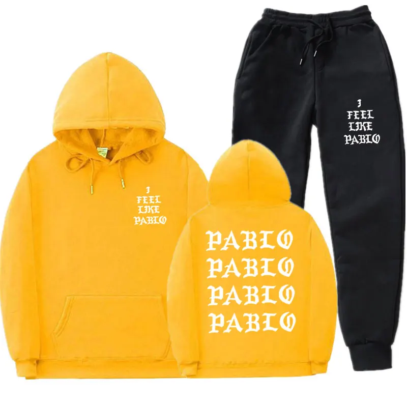 Мужские комплекты спортивной одежды I Feel Like Pablo, Осень-зима, толстый мужской повседневный спортивный костюм с капюшоном, мужской комплект из 2 предметов, толстовка+ спортивные штаны