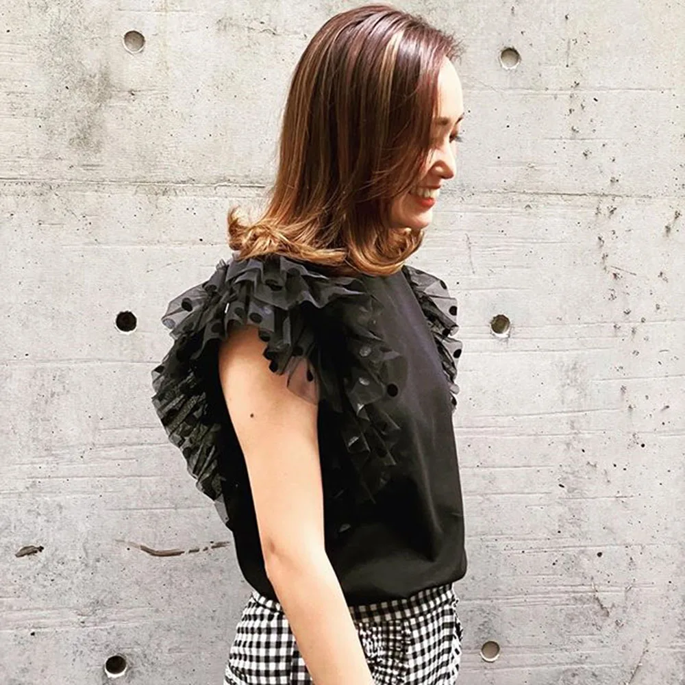 Minimalism Black White Ruffles Summer T Shirt Korean Japan Style Women Streetwear Casual Short Sleeve Top Tee Ladies Tshirt