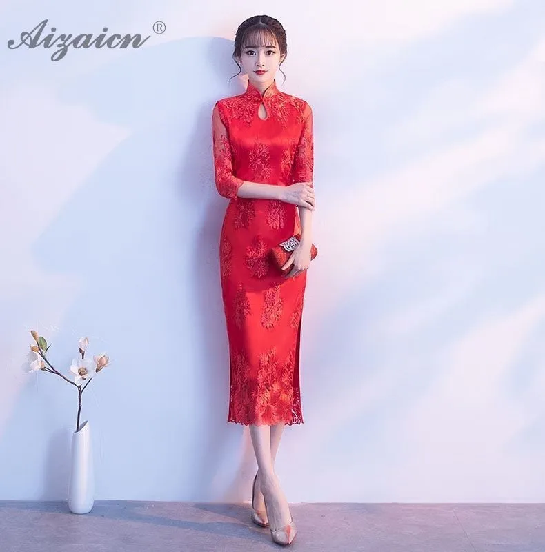 Пикантные черные кружева долго Cheongsam платья Qi Pao Для женщин Китайский вечернее платье Chinoise тонкий винтажное платье Женская Роба в восточном